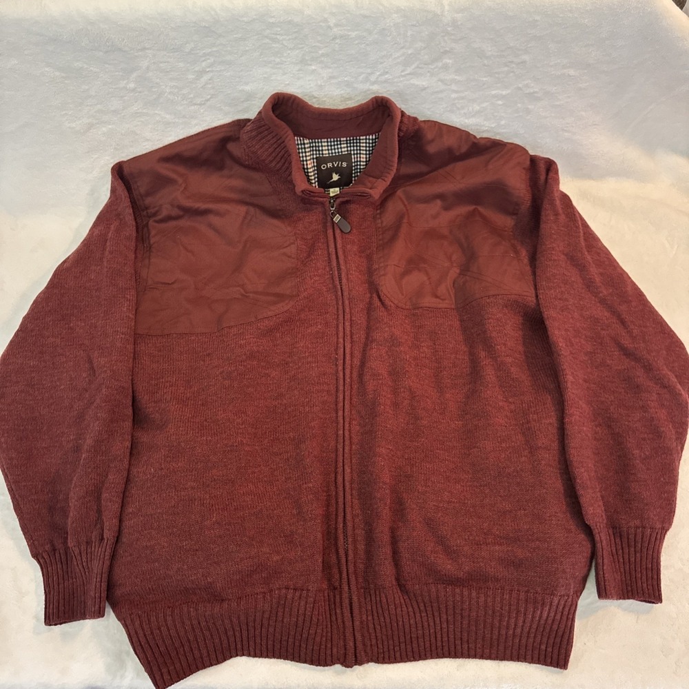 Orvis Men's XL‎ 100% Wool Zip Up Cardigan Sweater Burgundy Deep Pockets Quilted